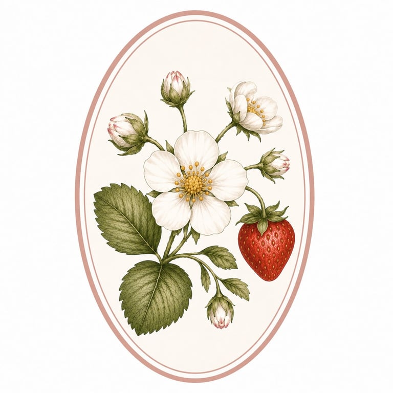 Botanical illustration of strawberry plant with white flowers, green leaves, and ripe red fruit in oval frame