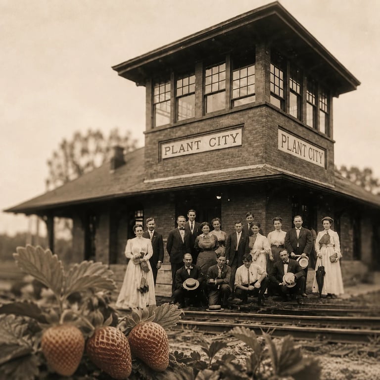 Historic sepia-toned photo of Plant City railway station with formally dressed men and women posing in front, surrounded by prickly pear cacti