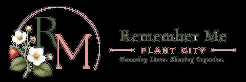 Remember Me Plant City logo with RM monogram in circle with white flowers and green leaves on black background