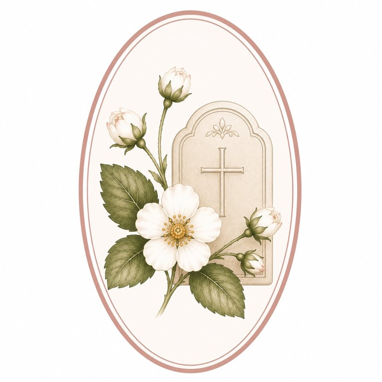 Decorative religious greeting card with white flowers, green leaves, and ornate cross on cream background in pink oval frame