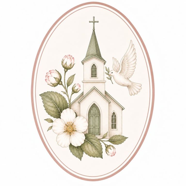 Illustration of a white church with steeple and cross surrounded by white flowers, pink buds, green leaves, and a white dove in an oval pink frame
