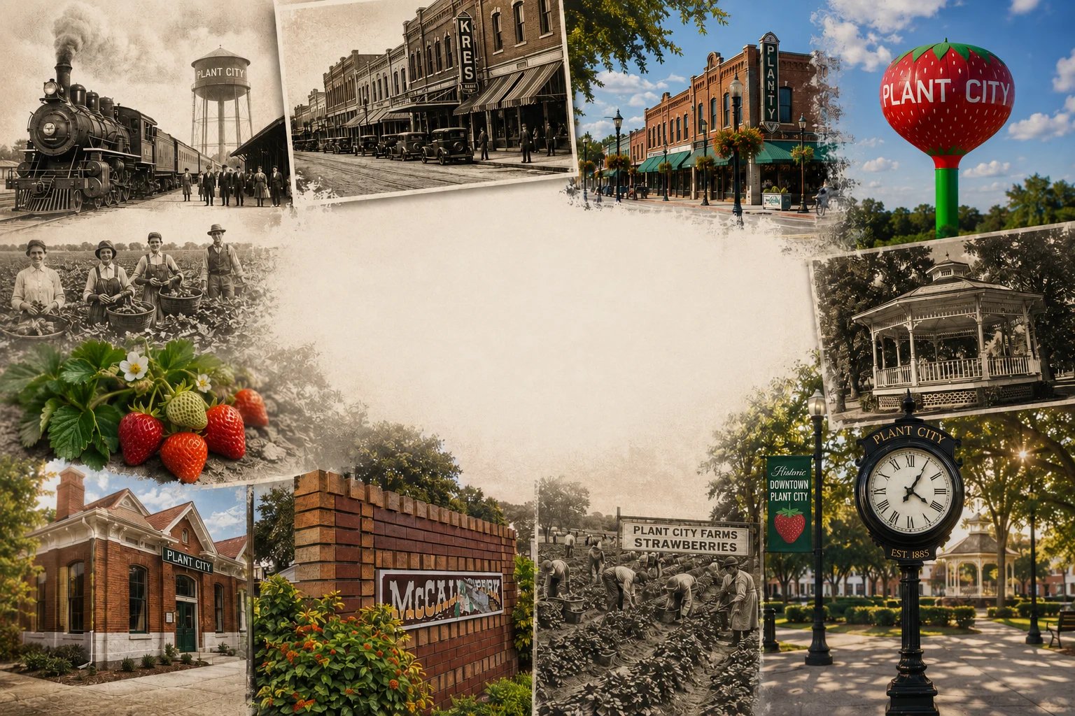 Collage of historical and modern images of Plant City showing vintage steam train, old storefronts, red water tower sign, clock, brick buildings, and town streets with trees.