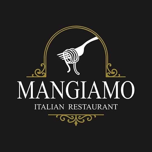 Mangiamo Italian Restaurant logo featuring a stylized pasta fork icon in white on a dark background with ornate gold details
