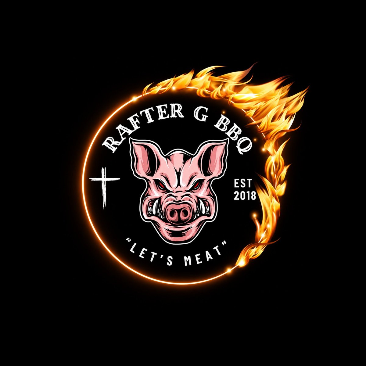Rafter G BBQ logo with flaming pig head design, established 2018, tagline Lets Meat