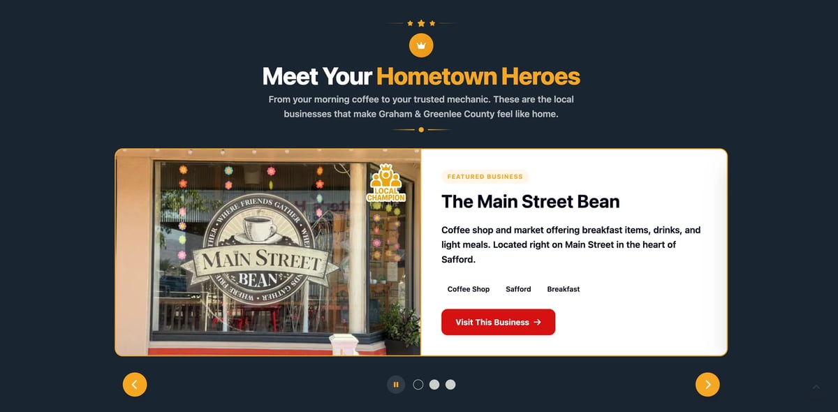 Hometown Heroes section featuring a local coffee shop