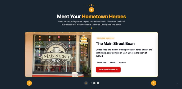 Hometown Heroes section featuring a local coffee shop