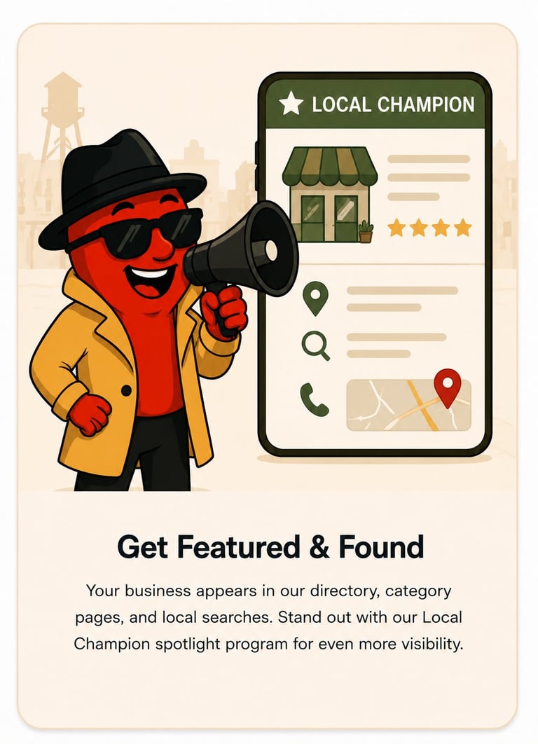 Red cartoon character in yellow jacket holding megaphone next to smartphone showing Local Champion business listing with 5-star rating
