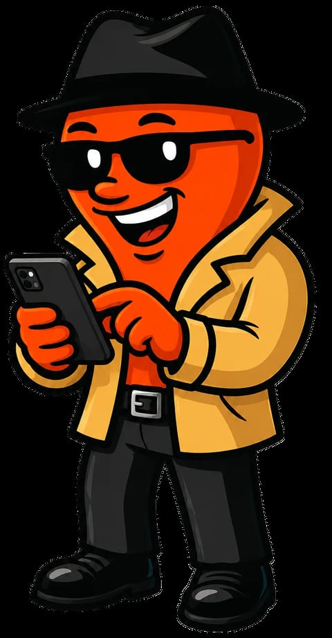 Cartoon character with orange body, black fedora hat, sunglasses, yellow jacket, holding a smartphone with a confident smile