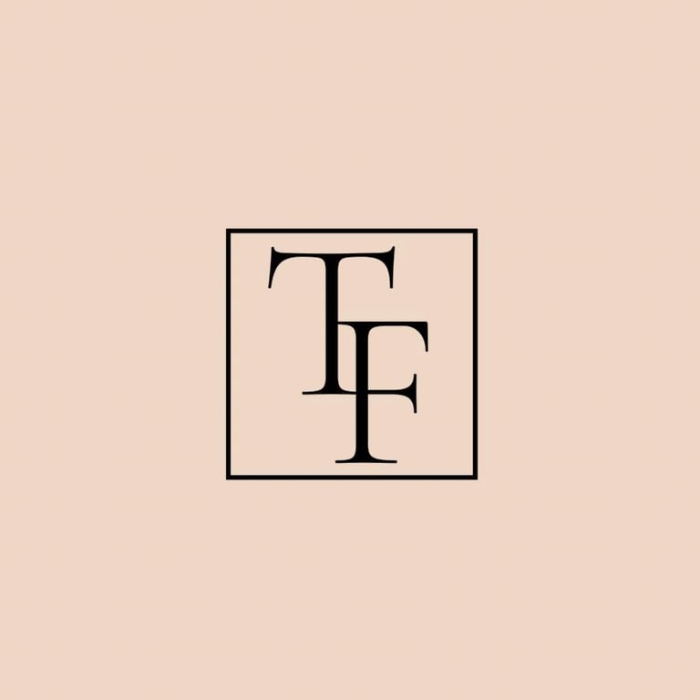 TF monogram logo in a black square frame on beige background