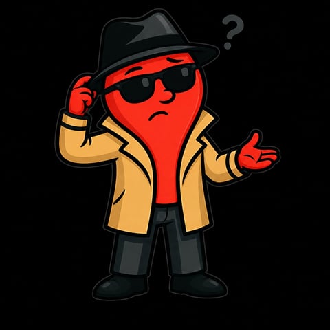Red cartoon character with heart shape, wearing black fedora, sunglasses, tan coat, and black pants, shrugging with confused expression on yellow background