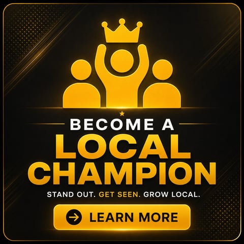 Promotional graphic with gold icon of crowned figure between two people, text reading Become a Local Champion, tagline Stand Out Get Seen Grow Local, and Learn More button
