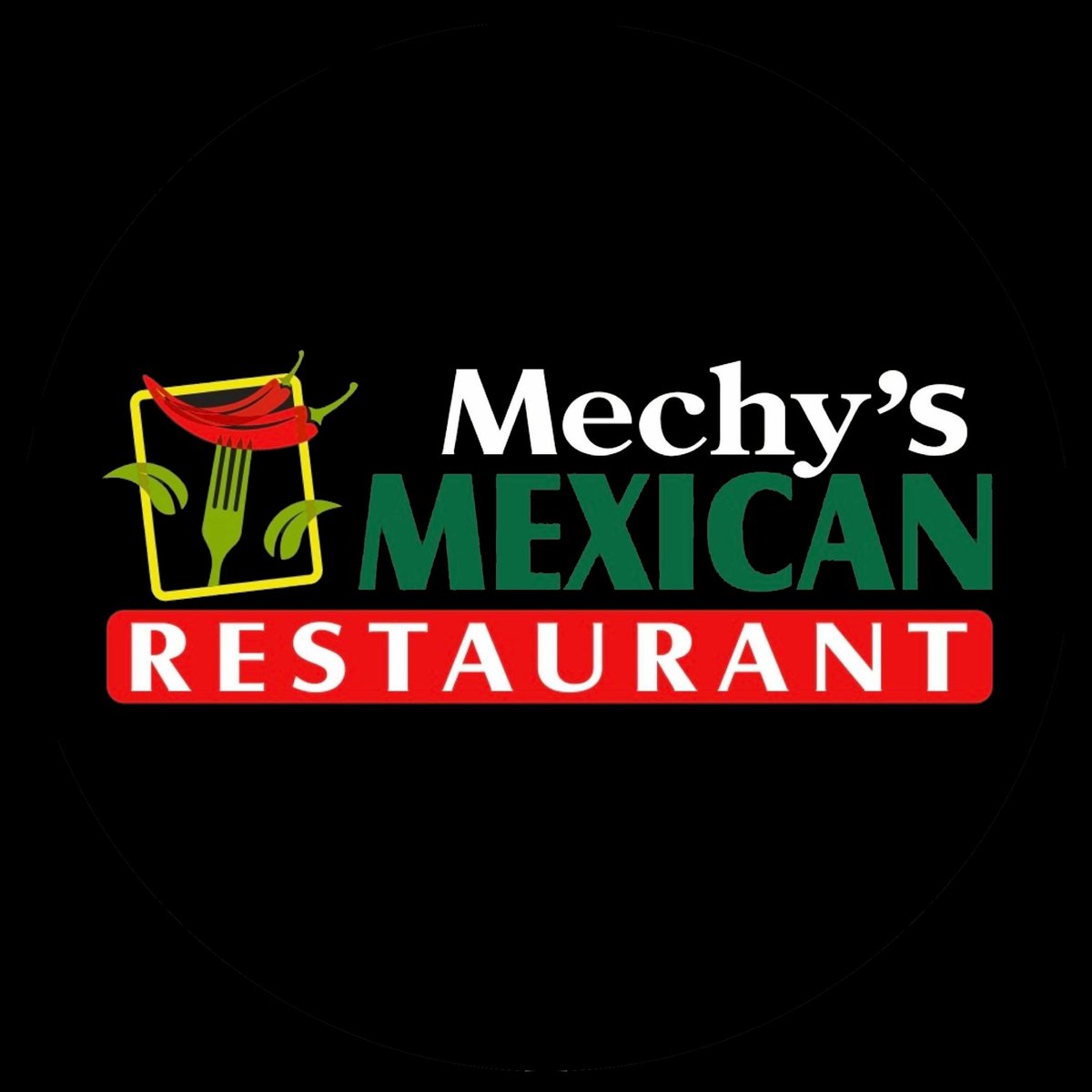 Mechys Mexican Restaurant logo featuring a stylized yellow chef character and red chili peppers on black background