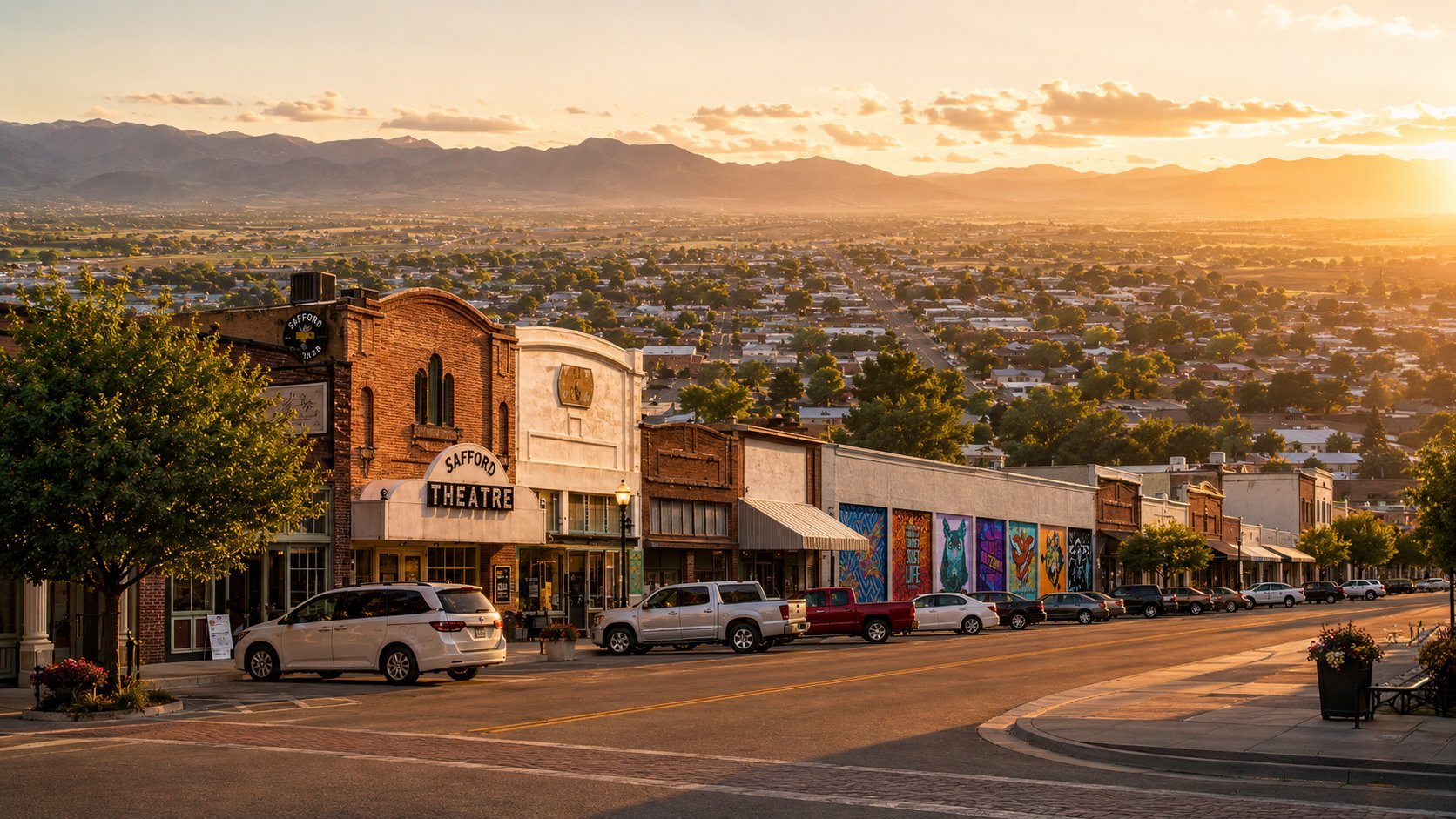Sunset view of a historic Western-style street with vintage storefronts and parked cars, mountains visible in distant background