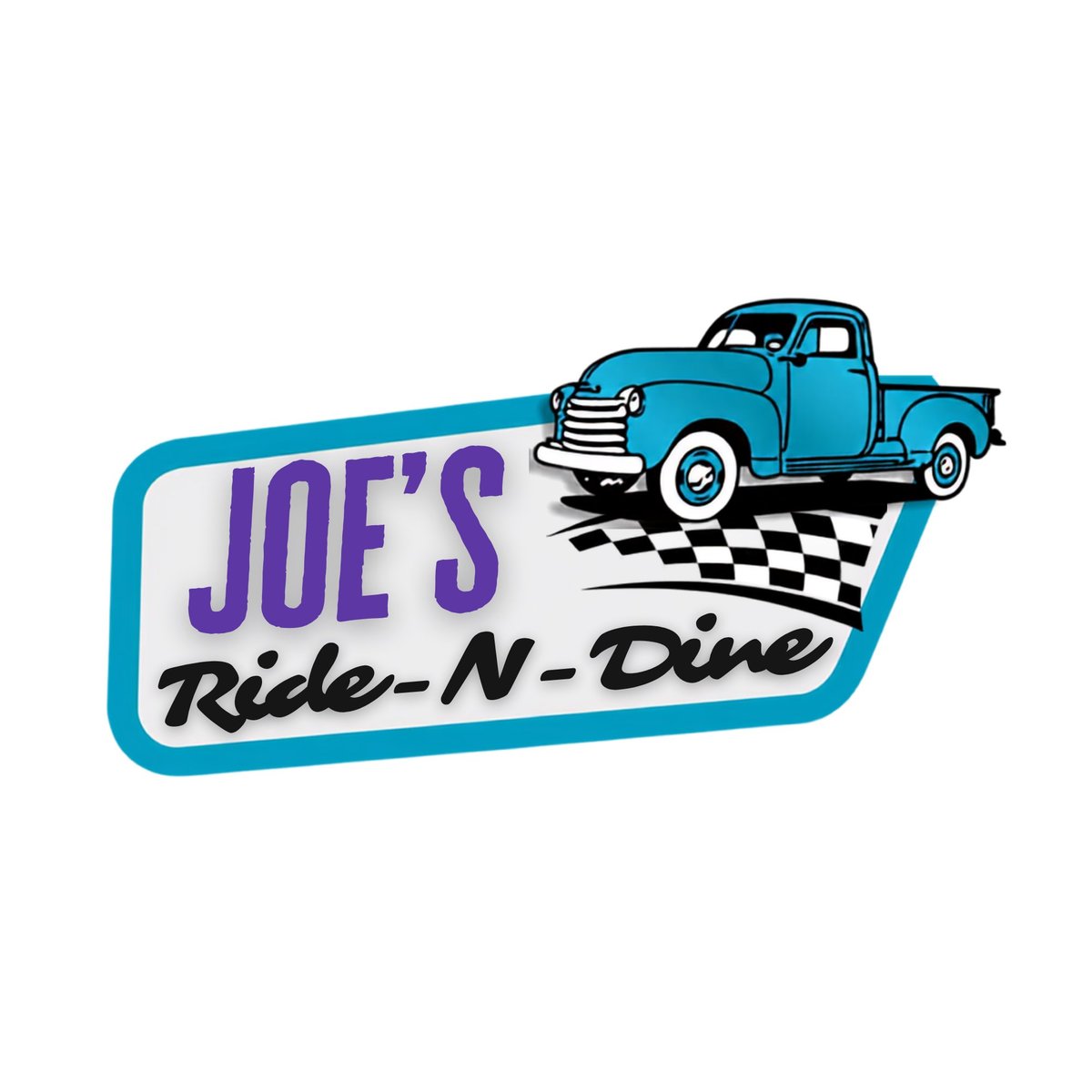Joes Ride-N-Dine retro diner logo featuring a blue vintage pickup truck and checkered pattern on turquoise banner