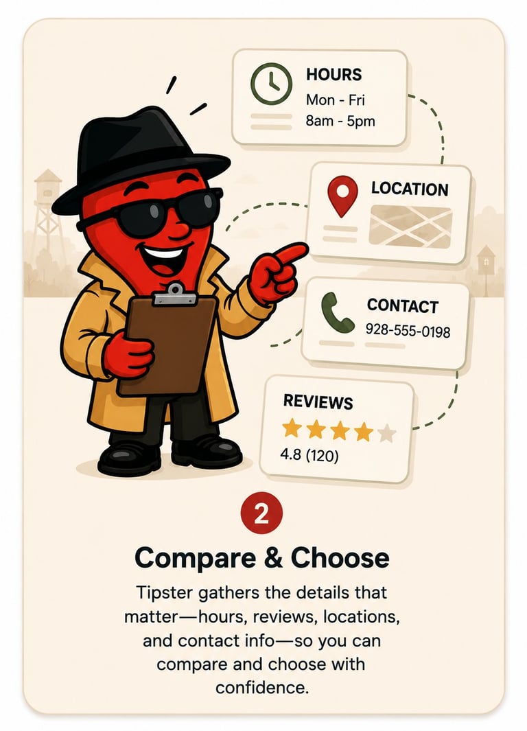 Cartoon red mascot character displaying business information including hours, location, contact, and 4.8-star reviews with text about comparing services