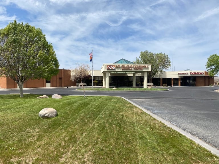Brown brick commercial building with green awning entrance, large storefront windows, parking lot, landscaped lawn with trees on a sunny day