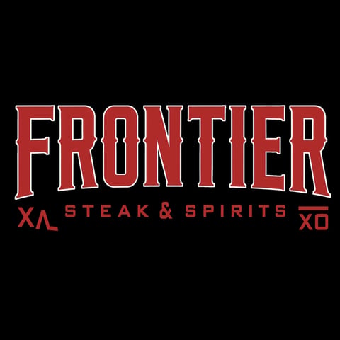 Frontier Steak and Spirits restaurant logo in red and white text on dark background