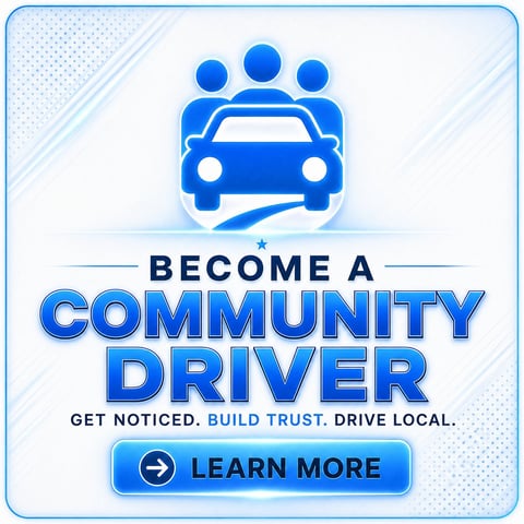 Promotional poster for Community Driver program featuring car icon with people, text about getting noticed and building trust, Learn More button