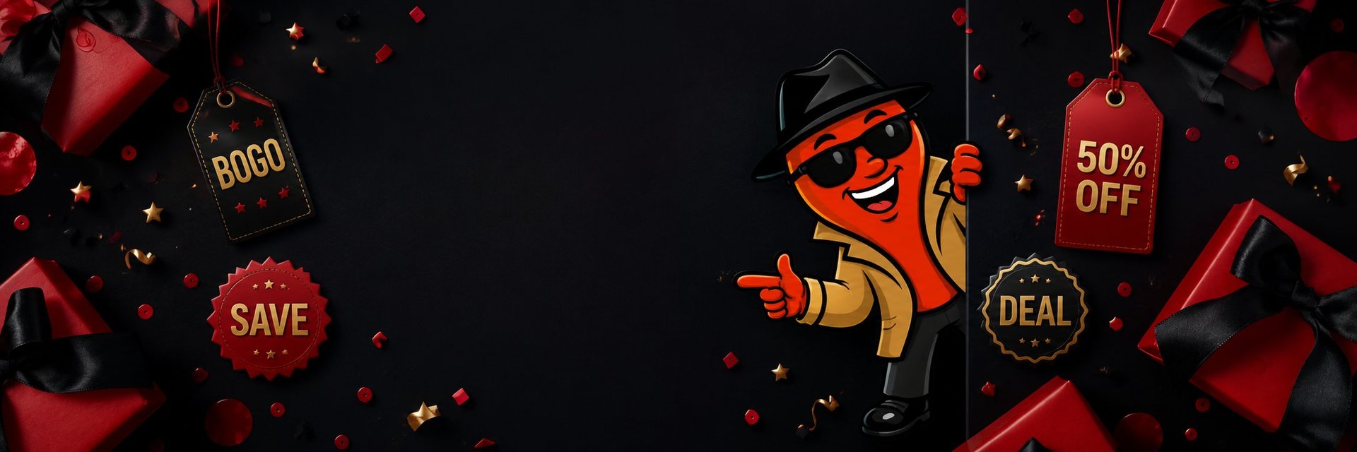 Happy pirate mascot surrounded by sale tags and red gift boxes on dark background for promotional offer