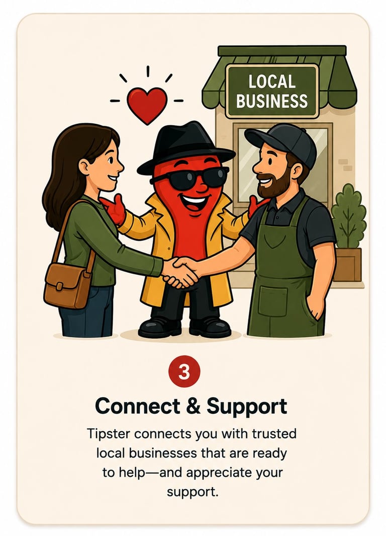 Illustration of three characters connecting in front of a local business storefront, representing Tipsters third feature to connect and support trusted local businesses