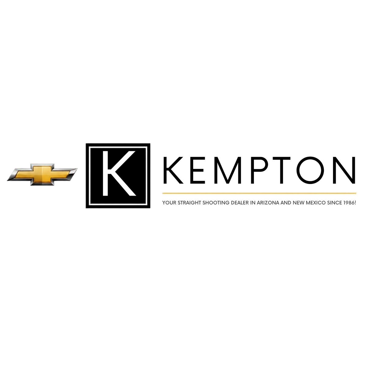 Chevrolet and Kempton Auto logo with tagline about straight shooting dealer in Arizona and New Mexico since 1964