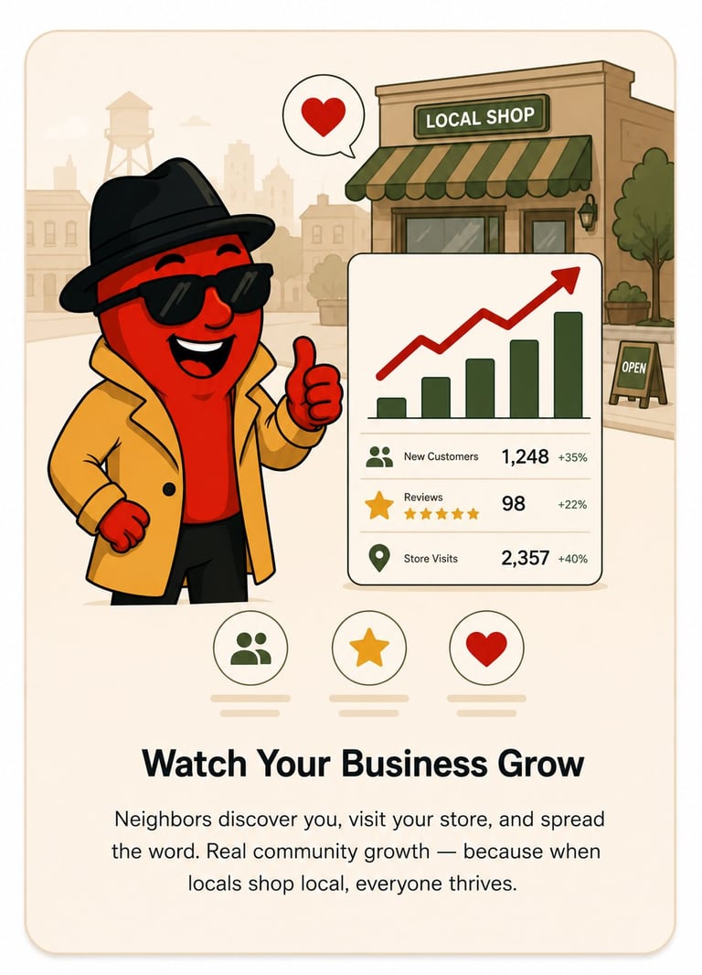 Cartoon red character with hat promoting local business growth with statistics showing increased customers, reviews, and store visits