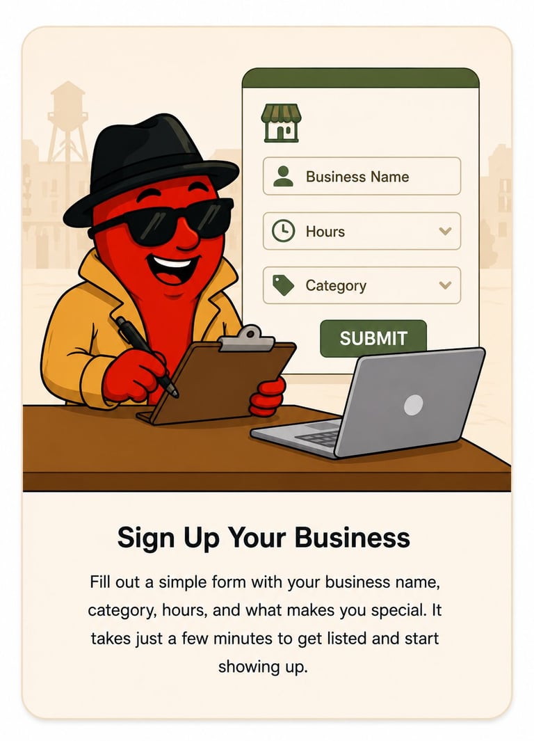 Red cartoon character in yellow jacket and black hat holding clipboard next to business registration form on laptop