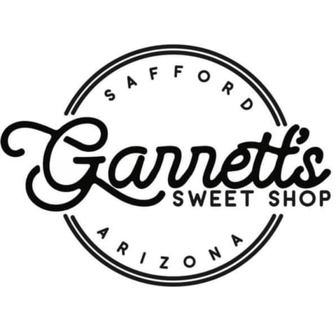 Garretts Sweet Shop logo, a circular black and white design with text reading Safford Arizona