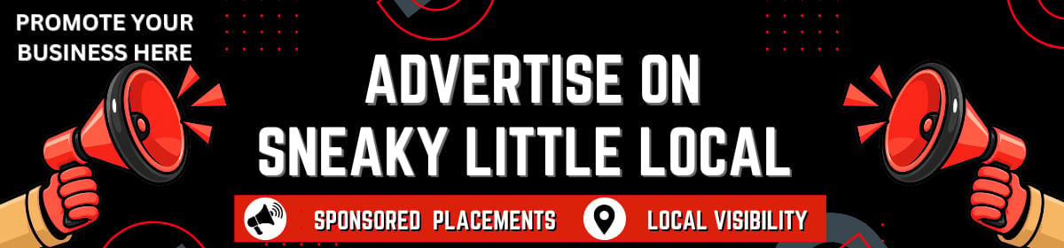 Advertising banner for Sneaky Little Local promoting business placement and local visibility with megaphones