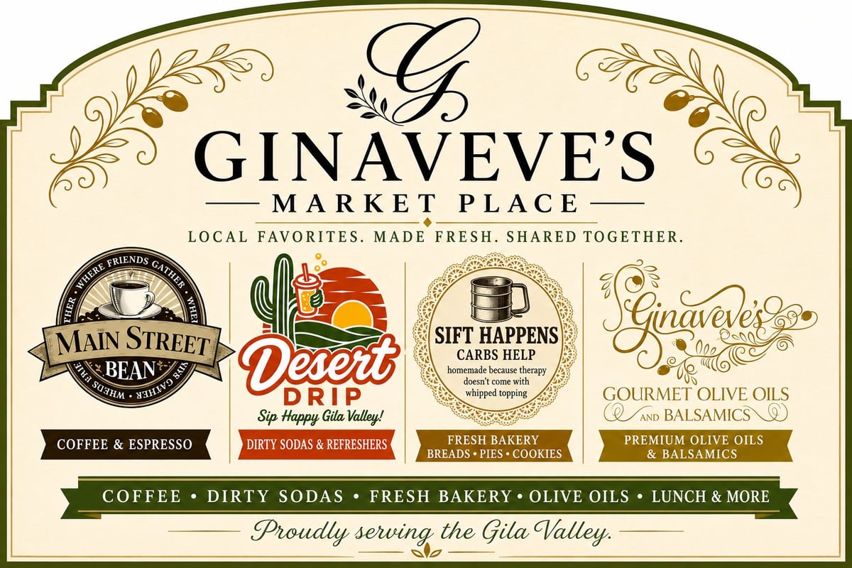 Ginaveves Market Place logo with local business partners including coffee, espresso, desert drinks, fresh bakery and specialty items