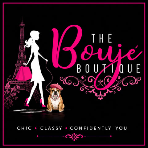 The Boujee Boutique logo featuring a stylish woman silhouette with Eiffel Tower and bulldog on black background with pink accents