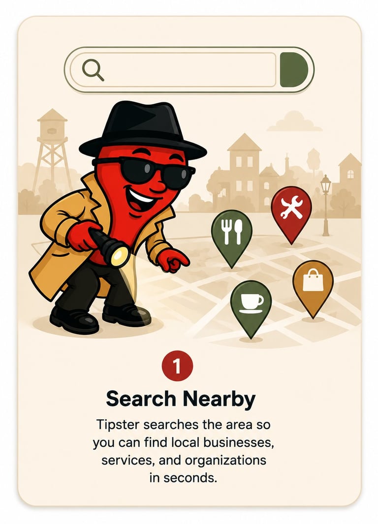 Tipster character with search bar showing local business location icons for restaurants, services, and shopping