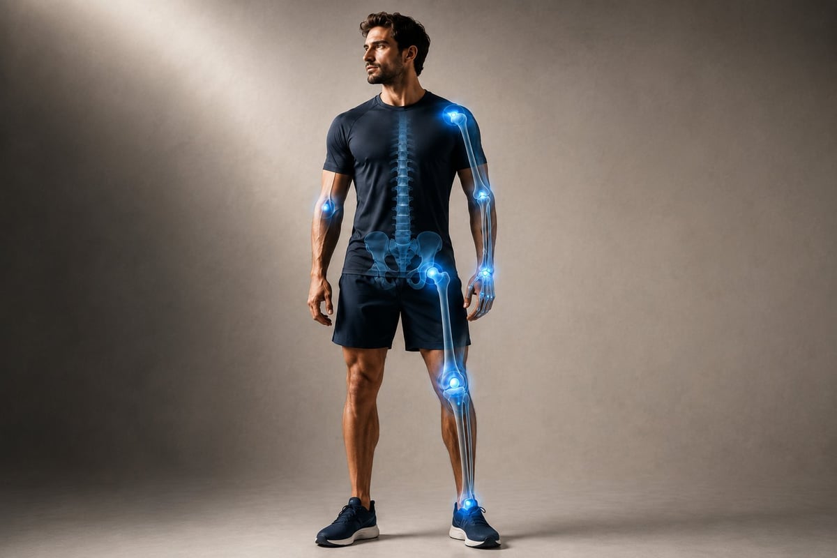 Hombre de pie con camiseta y shorts oscuros, con sistema esquelético digital y articulaciones destacadas en azul — fotografía interactiva del cuerpo humano