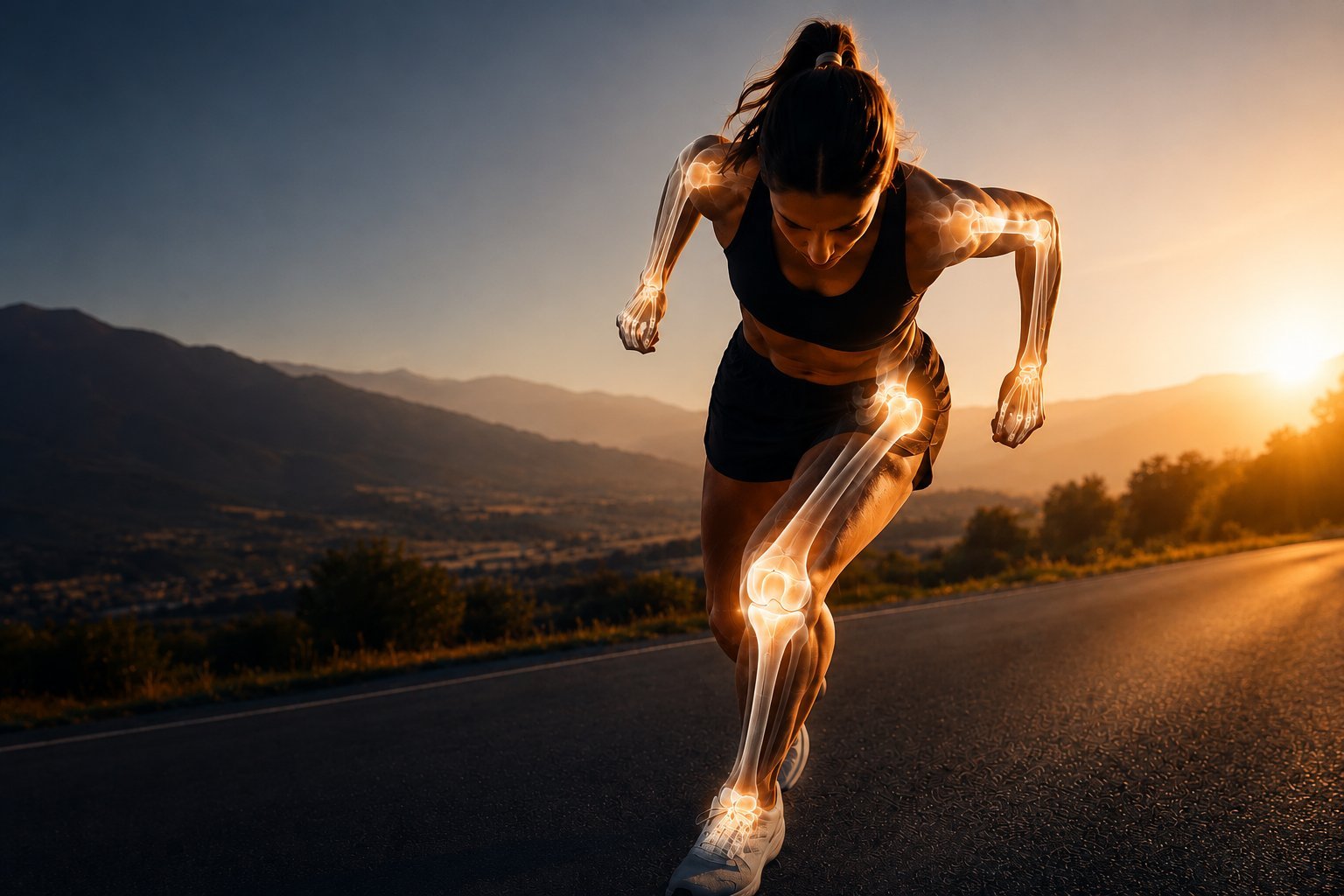 Corredora con visualización anatómica de esqueleto corriendo en carretera de montaña al atardecer — comunicación de atención ortopédica integral