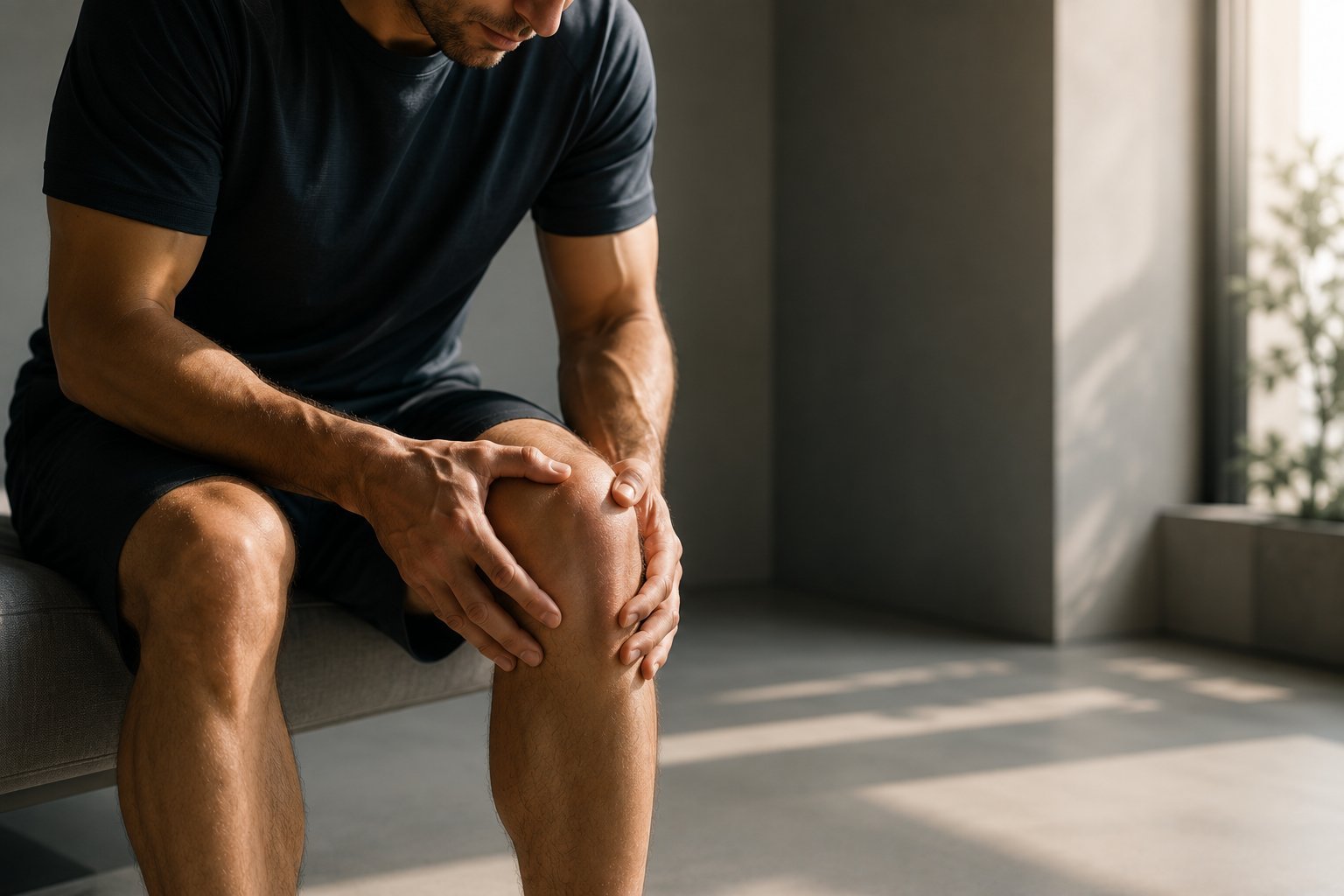 Hombre con dolor de rodilla sentado junto a una ventana con luz natural
