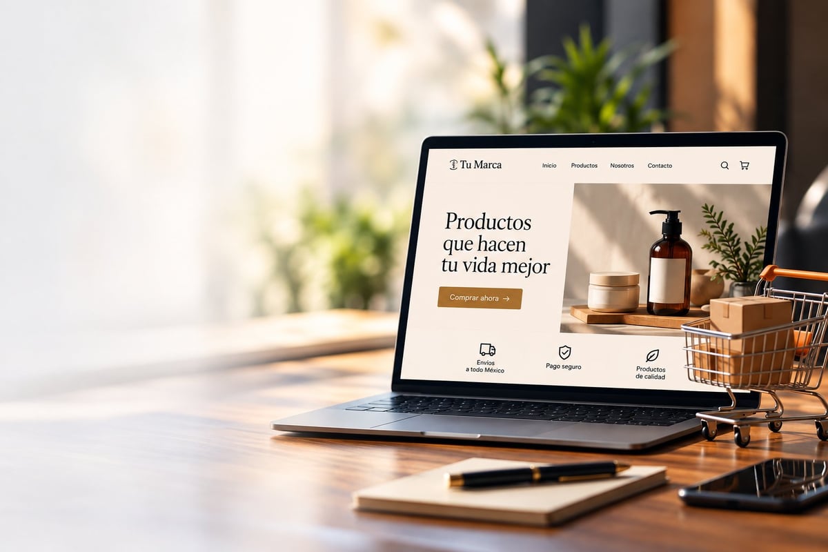 Laptop displaying a beauty product website with amber bottles and plants, positioned on a wooden desk with notebook and shopping cart