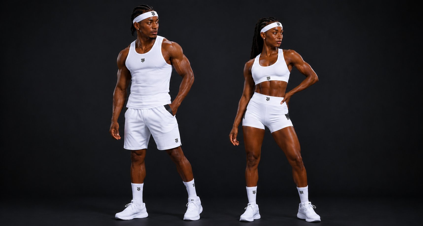 Two athletes in white athletic wear posing against a dark background, displaying fitness and workout apparel