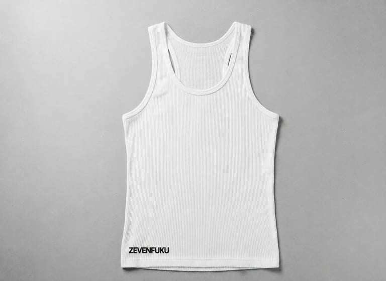 White ribbed sleeveless tank top with ZEVENFUKU branding on the lower left, displayed on gray background