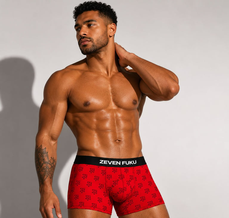 Shirtless muscular man posing against a white background, wearing red patterned boxer briefs with black waistband