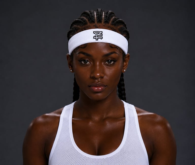Athletic woman wearing white headband and tank top poses for portrait against neutral gray background