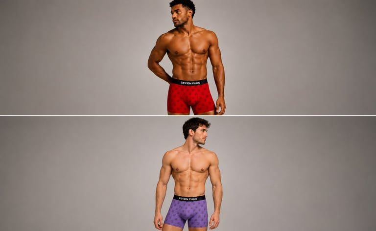 Two shirtless fit men posing against gray backgrounds, top in red shorts, bottom in purple patterned shorts