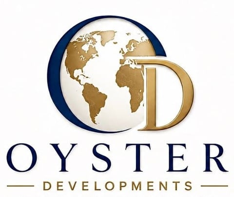 Oyster Developments logo featuring a globe with gold continents and a stylized D