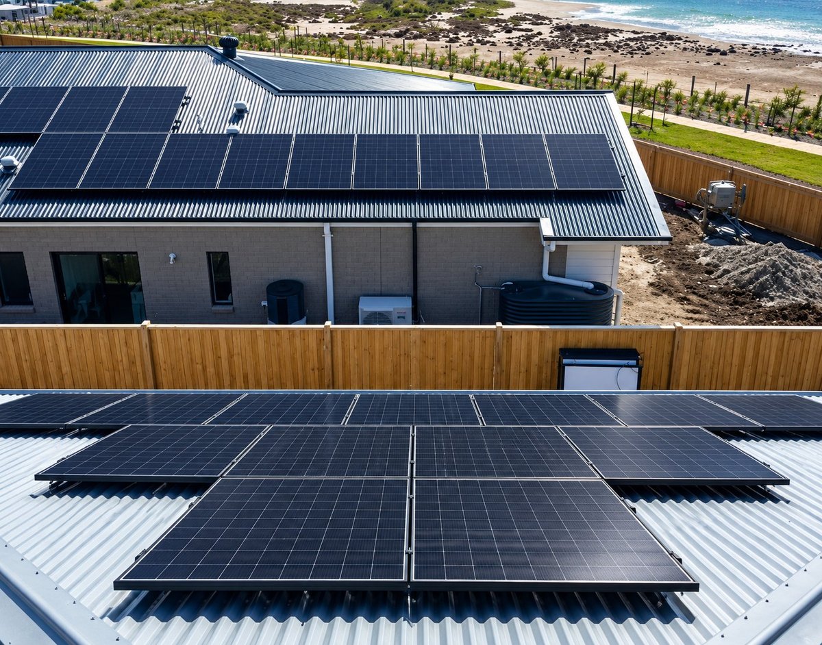 Solar panels on two coastal rooftops