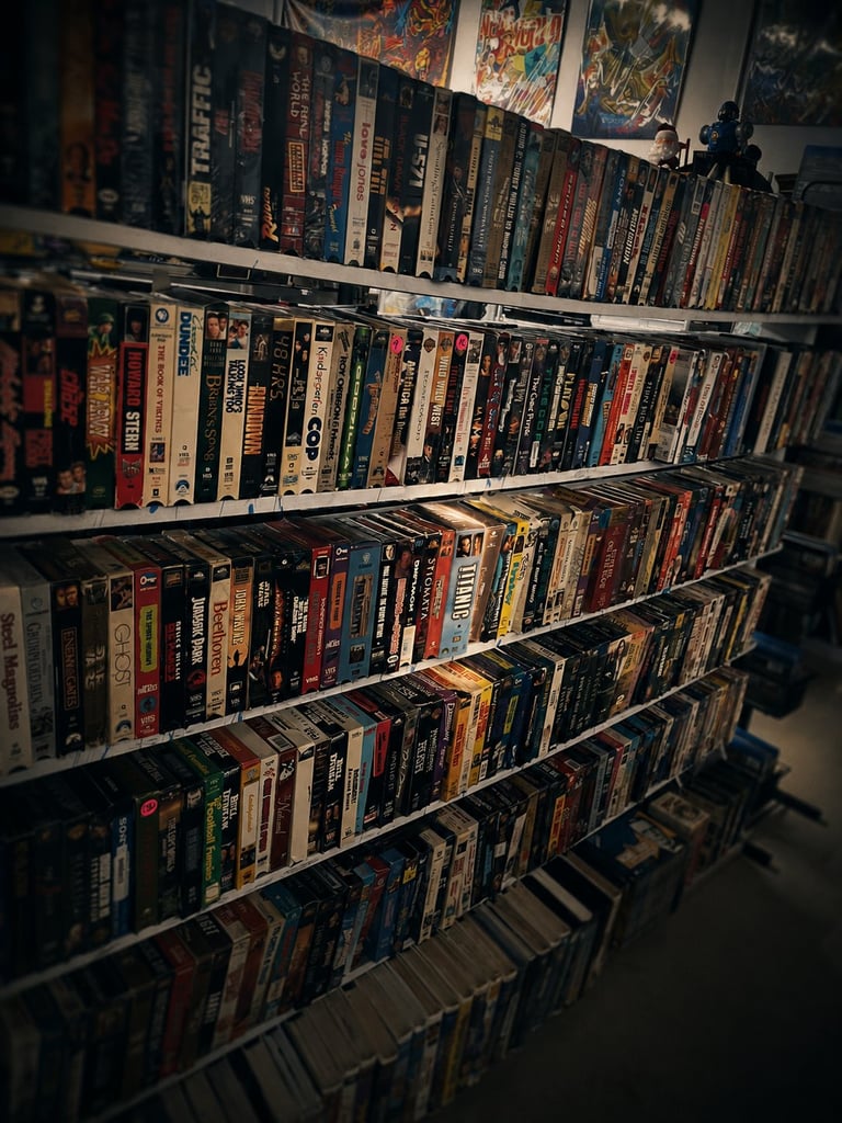 Shelving unit filled with organized collection of DVD and Blu-ray movie cases displayed on multiple tiers