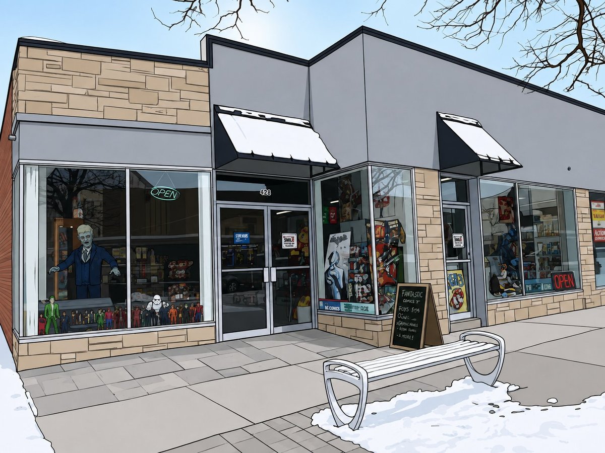 Stylized illustration of the OneStopWonders storefront with brick and gray facade, display windows showing action figures and merchandise, and a bench out front in winter