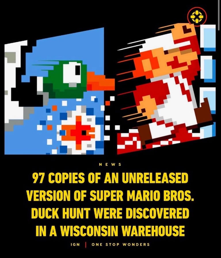 Pixel art showing Super Mario Bros. Duck Hunt game cartridge with headline about 97 unreleased copies discovered in Wisconsin warehouse