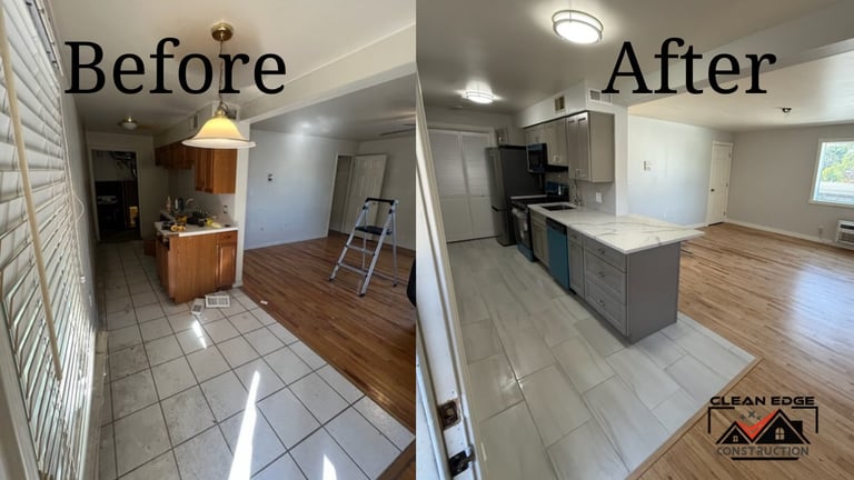 Before and after kitchen renovation showing tile flooring transformed to wood-look flooring and updated cabinetry