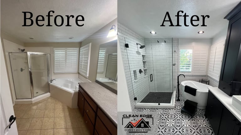 Before and after bathroom renovation showing updated flooring, modern shower enclosure, black and white tile, and refreshed vanity