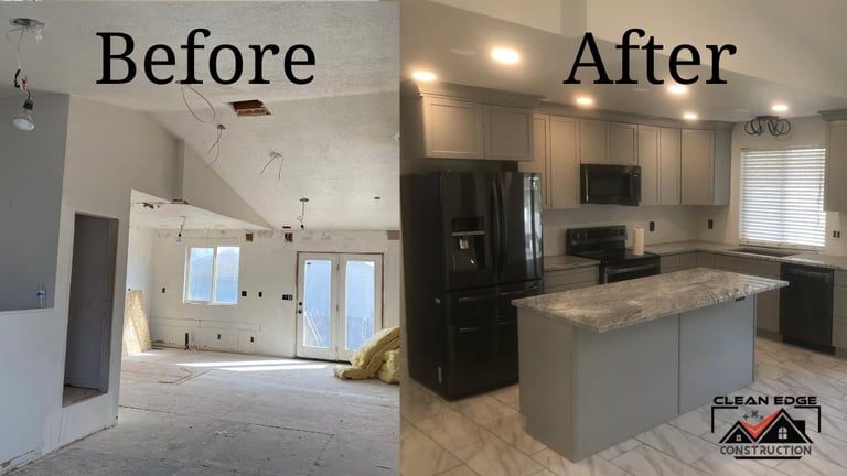 Before and after kitchen renovation showing unfinished construction on left and completed modern kitchen with cabinets and island on right