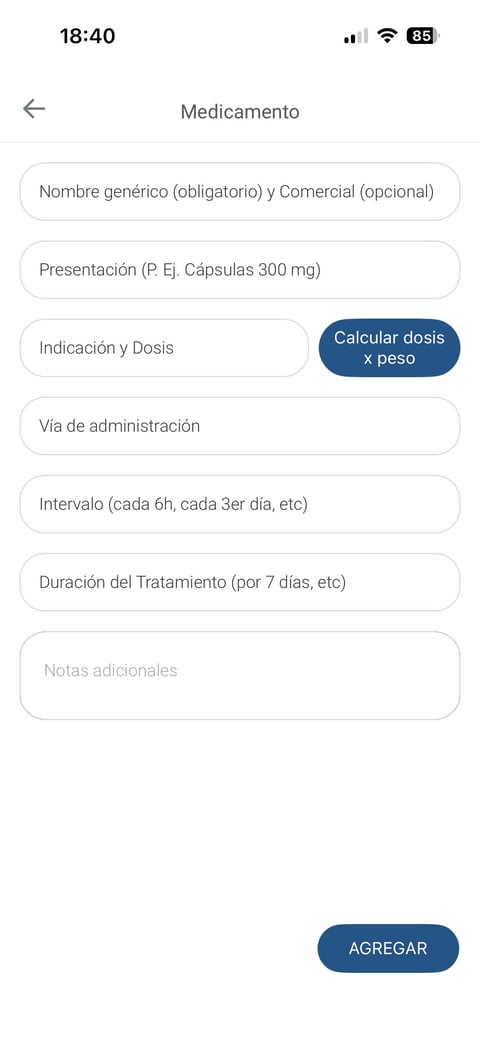 Pantalla de Medicamento en Preskribo con campos de dosis, vía de administración, intervalo y duración del tratamiento